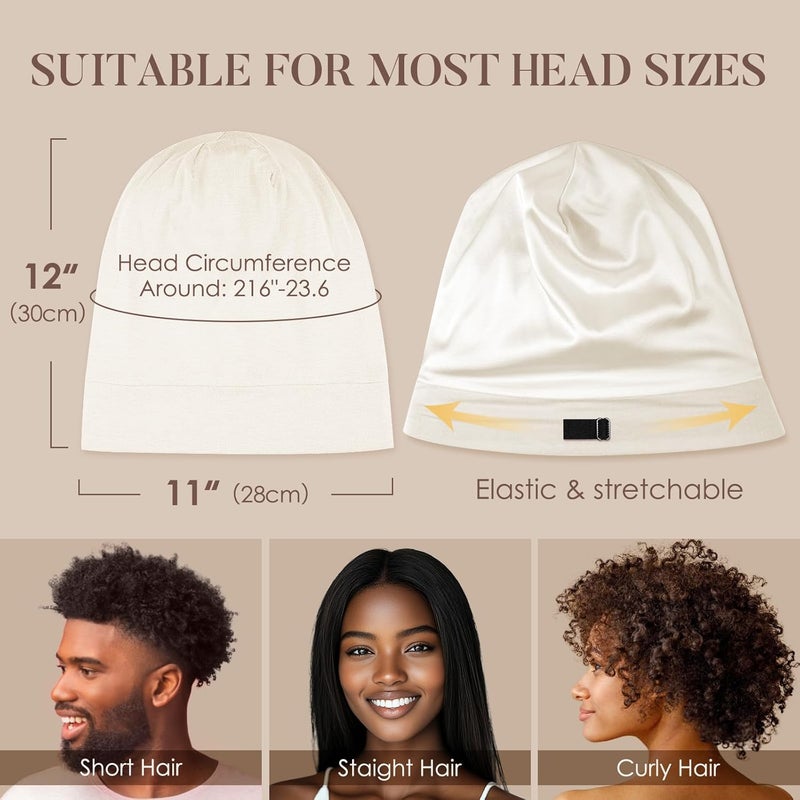 LULUSILK Mulberry Silk Lined Sleep Cap, No More Frizzy Tangled Hair, Stay On All Night Silk Hair Wrap for Sleeping with Adjustable Strap, Silk Bonnet for Women and Men, White, Pack of 1 - Image 5
